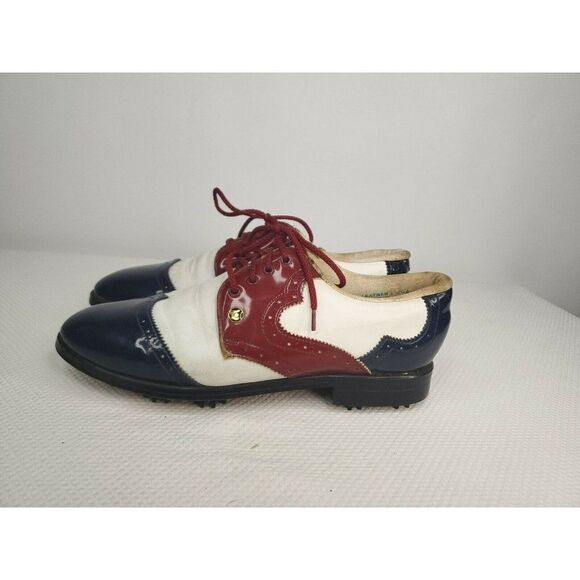 Vintage 60s Patent Leather Golf Shoes Oxfords Mens 9.5 Red White Blue USA - Picture 5 of 12
